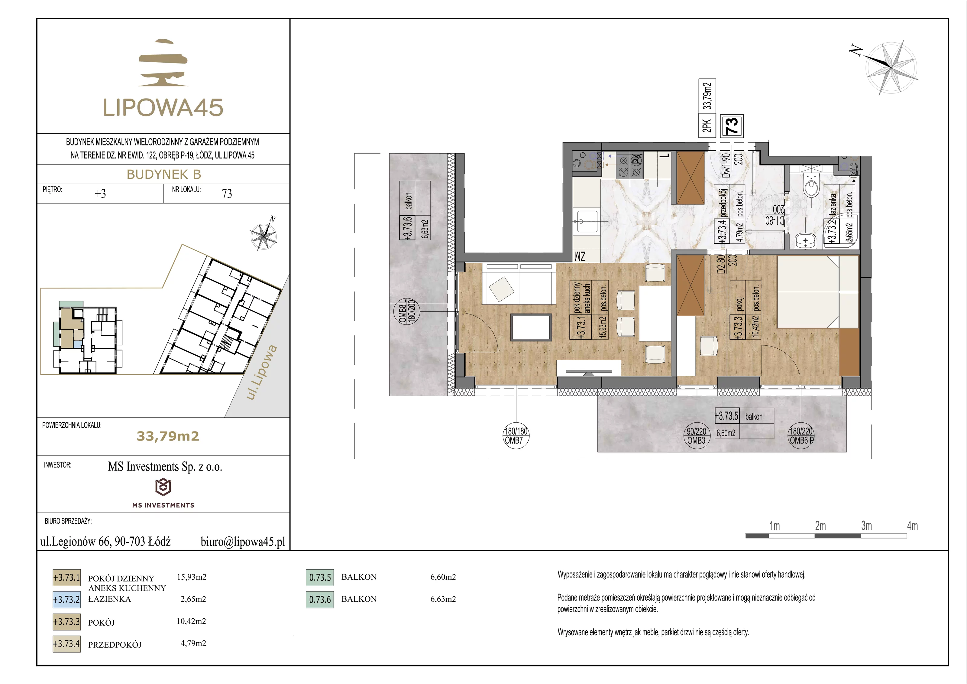 2 pokoje, mieszkanie 33,79 m², piętro 3, oferta nr 73, Lipowa 45, Łódź, Polesie, ul. Lipowa 45